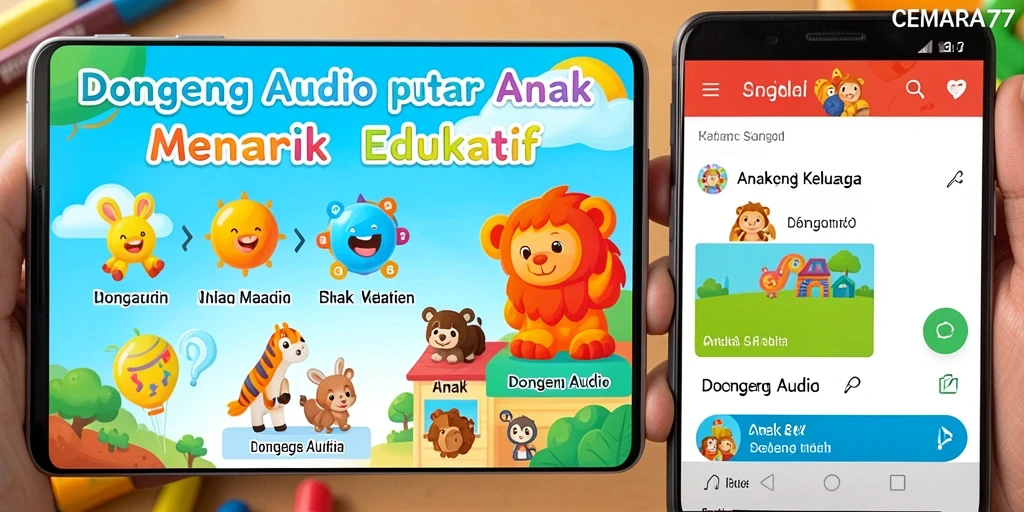 Antarmuka CEMARA77 menunjukkan pilihan dongeng audio untuk anak-anak.
